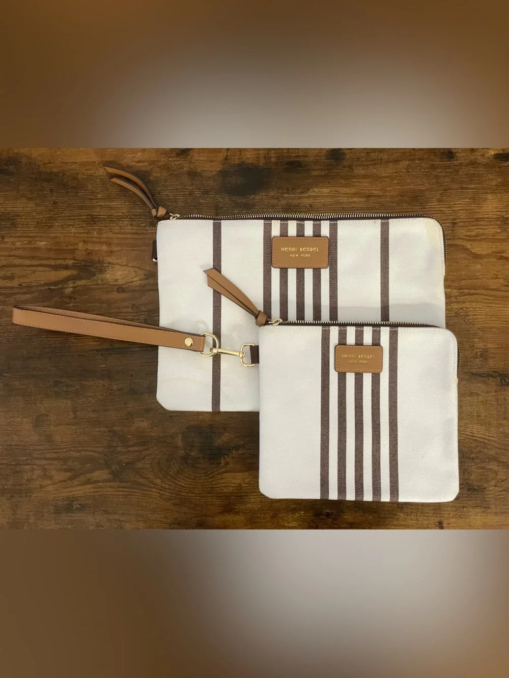 HENRI BENDEL Set of 2 Striped Canvas Travel Pouches